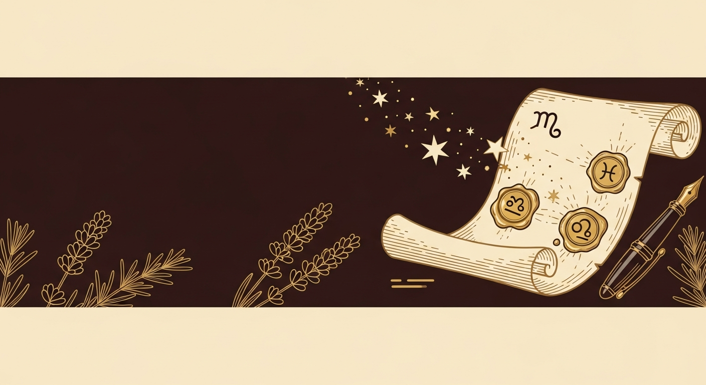 Pergamino con sellos de cera dorados y estrellas emergentes, enmarcado por ramas de lavanda