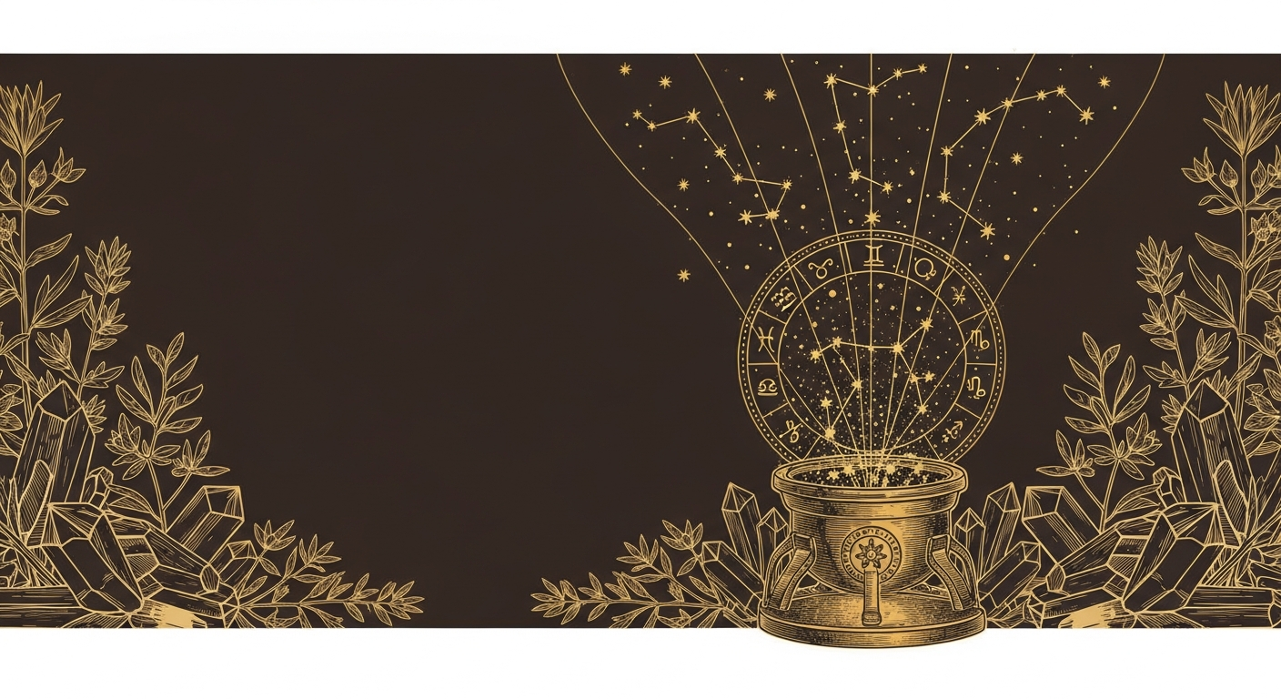Atanor alquímico del que emergen constelaciones doradas formando la rueda zodiacal