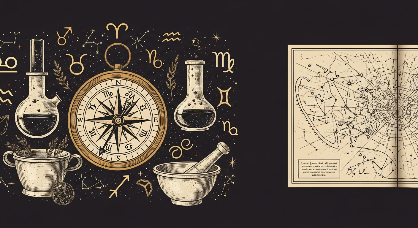 Compás de navegación antiguo apuntando a símbolos zodiacales, rodeado de instrumentos alquímicos y una carta natal