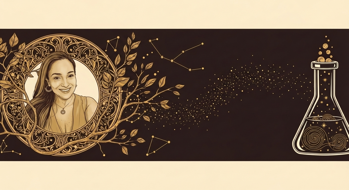 Carolina Hernández, creadora de AstroAlquímica, enmarcada en un portal ornamental Art Nouveau con constelaciones y elementos alquímicos